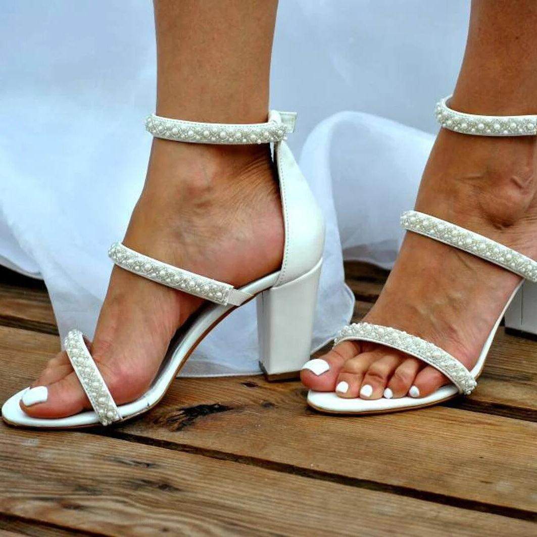 White Pearl Ankle Strap Round Block Heel Sandals 709269474640 - COCOMELODY